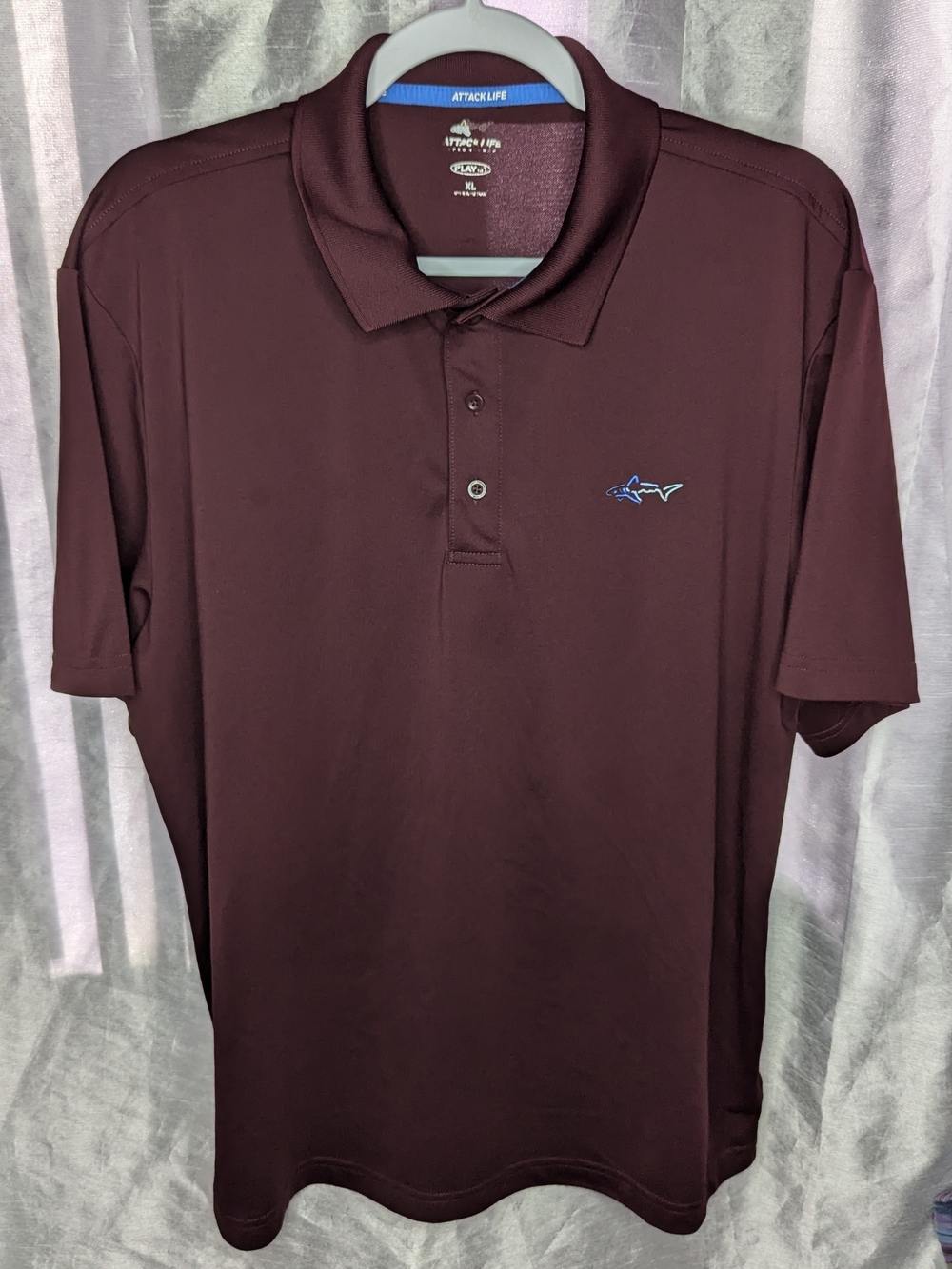 Attack Life Play Dry Men's XL Burgundy Polo Short Sleeve Shark Logo Gold Preppy